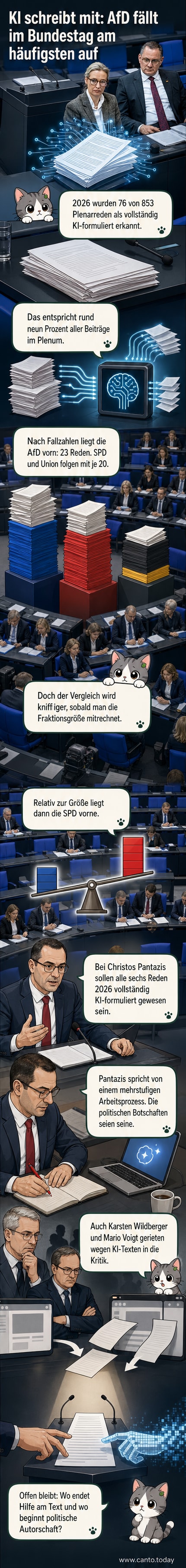 Ein digitaler Roboter schreibt eine Rede im Bundestag, während Abgeordnete zuschauen.