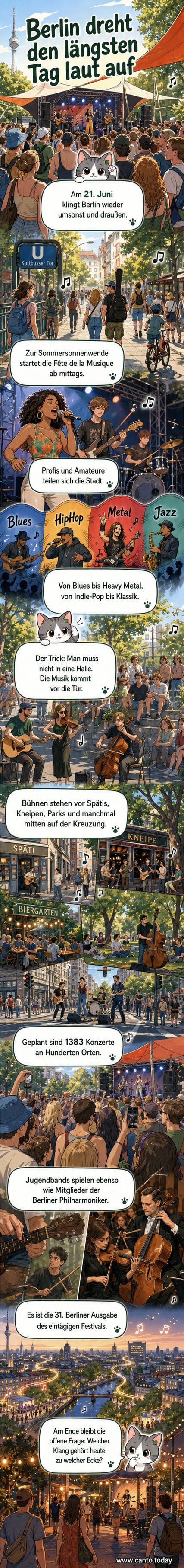 Straßenmusik in Berlin während der Fête de la Musique: Eine Band spielt vor einer improvisierten Bühne in einem belebten Stadtviertel.