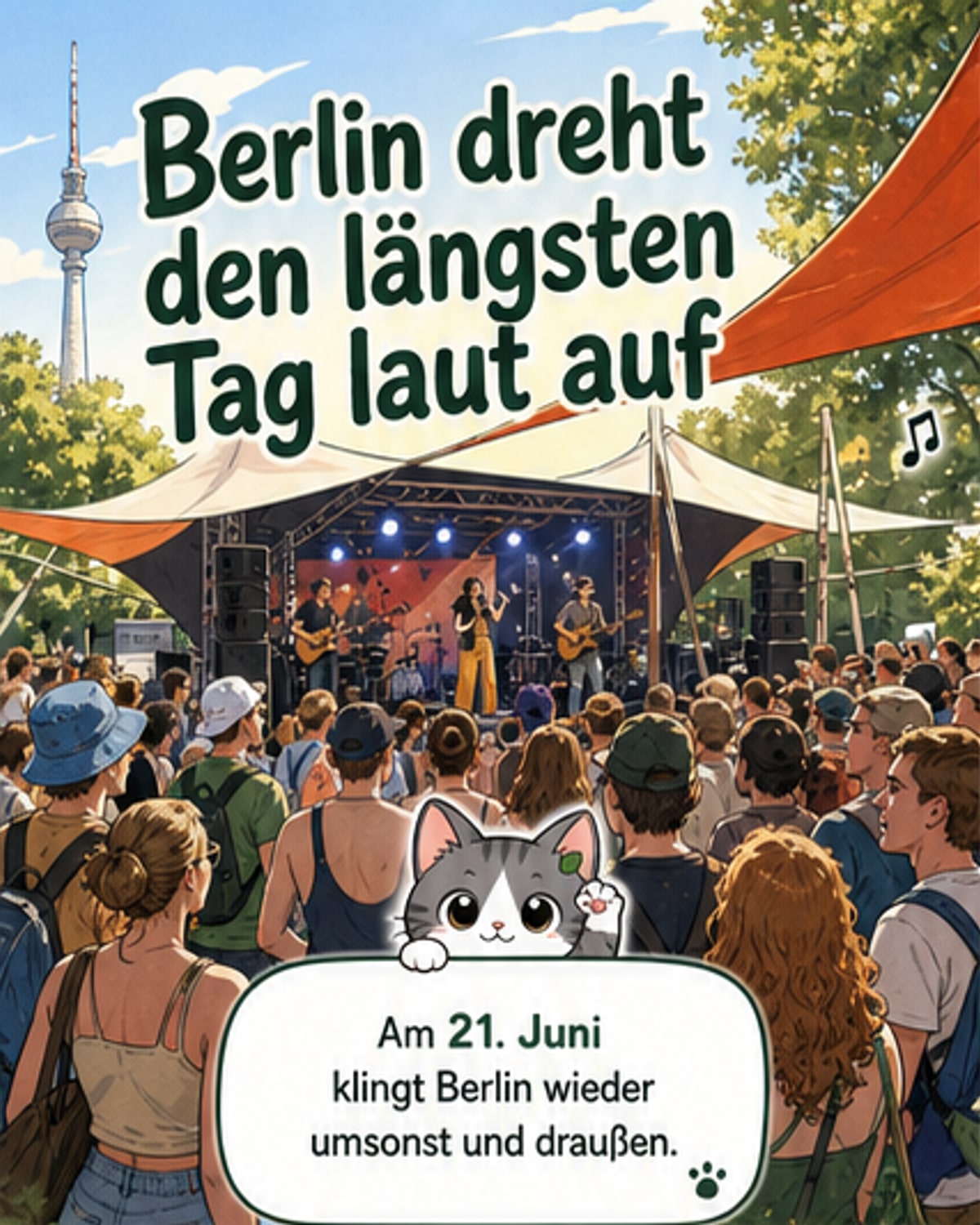 Straßenmusik in Berlin während der Fête de la Musique: Eine Band spielt vor einer improvisierten Bühne in einem belebten Stadtviertel.