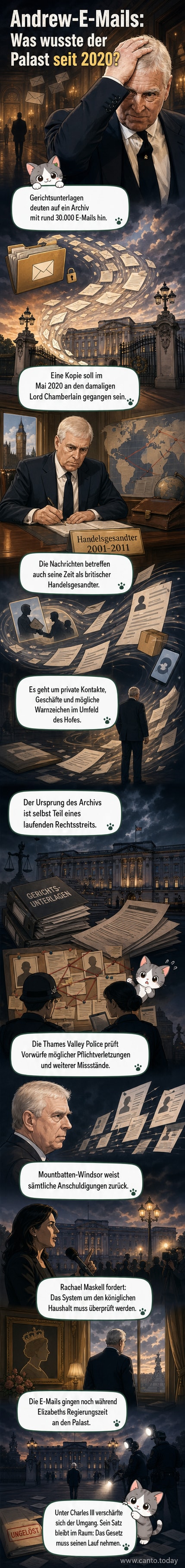 Abstrakte Darstellung eines Palasts mit verschlüsselten E-Mails, die aus einem Fenster sickern, symbolisieren die undichte Weitergabe vertraulicher Informationen durch Prinz Andrew.