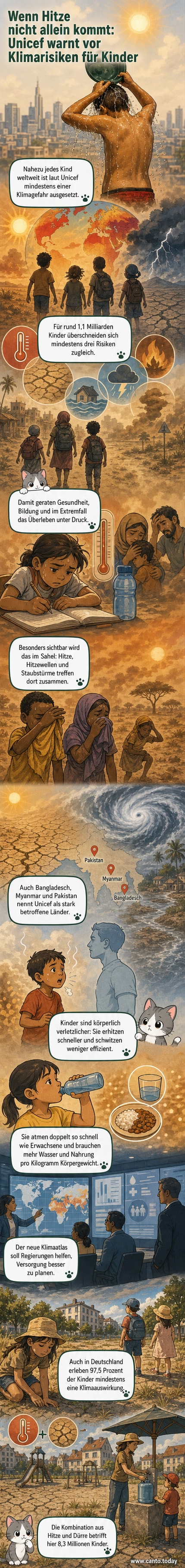 Weltkarte aus dem Unicef-Klimarisiko-Atlas 2026, die Überlappung von Klimarisiken wie Dürren, Hitzewellen und Stürmen zeigt, besonders in Afrika, Südasien und Teilen Europas.