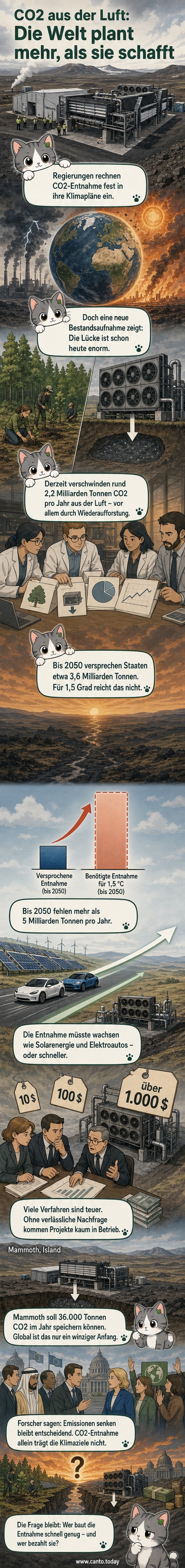 Illustration einer riesigen CO₂-Abscheidungsanlage in einer kargen Landschaft, daneben ein winziger Baum – symbolisiert das Missverhältnis zwischen Technologie und Naturmaßnahmen im Klimaschutz.