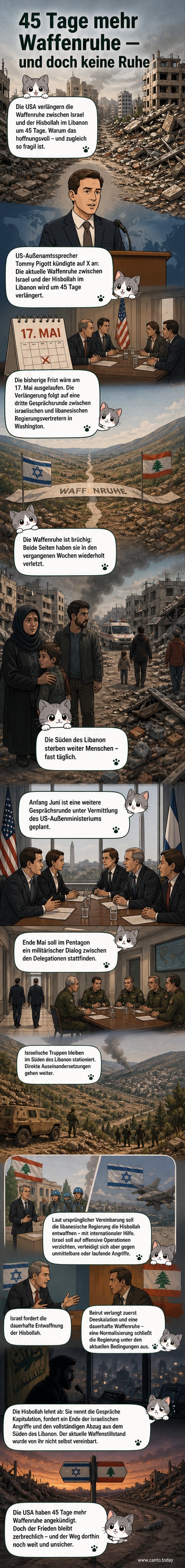 Karte des Nahen Ostens mit Markierung von Israel und Libanon, daneben Symbole für Waffenruhe, Diplomatie und militärische Präsenz.