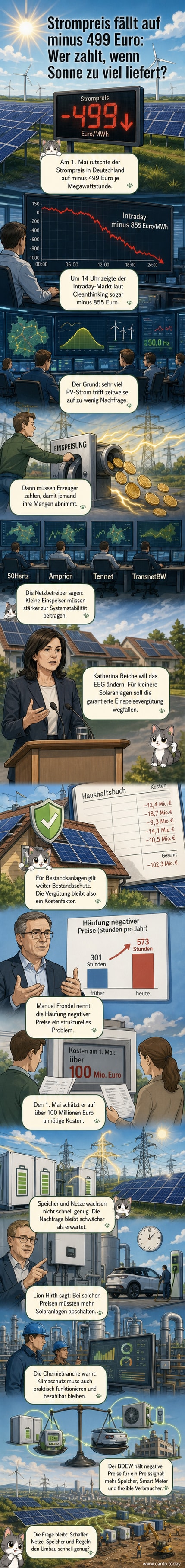 Ein Diagramm zeigt den Strompreis, der tief in den negativen Bereich fällt, während Solarpaneele unter strahlend blauem Himmel leuchten – ein Kontrast zwischen Überangebot und Systemkosten.