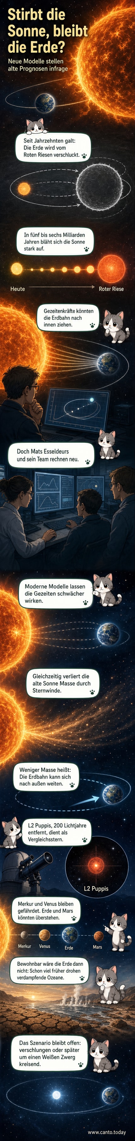 Künstlerische Darstellung der Erde in der fernen Zukunft, während die Sonne sich zum Roten Riesen ausdehnt, aber der Planet knapp außerhalb der zerstörerischen Reichweite bleibt.