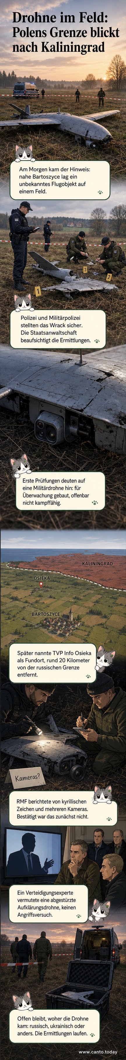 Abgestürzte Drohne auf einem Feld nahe der polnisch-russischen Grenze, umgeben von Einsatzfahrzeugen und Beamten der Militärpolizei