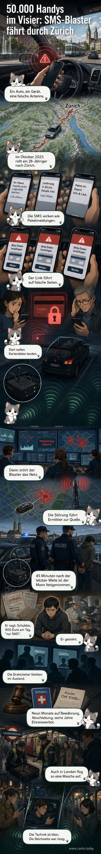 Ein Auto mit versteckter Technik, die sich als Mobilfunkmast ausgibt und Tausende Handys mit betrügerischen SMS erreicht.