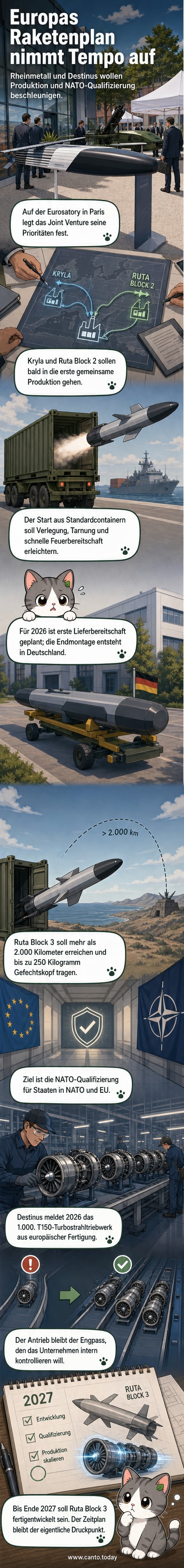 Illustration eines Marschflugkörpers, der aus einem Standardcontainer auf einem Lkw startet, mit Hintergrund einer Fabrik in Unterlüß und einem Blick auf die europäische Verteidigungsstrategie.