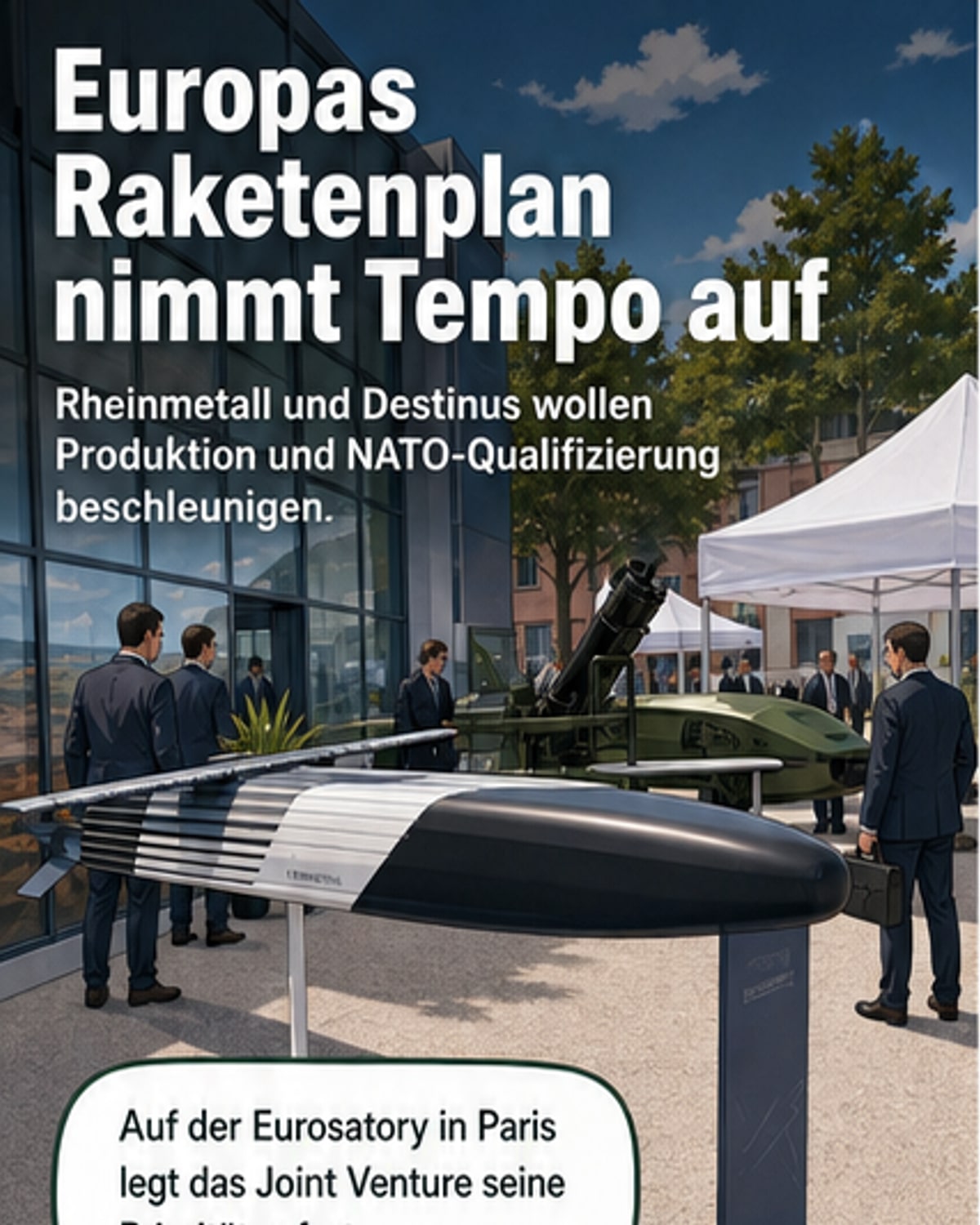 Illustration eines Marschflugkörpers, der aus einem Standardcontainer auf einem Lkw startet, mit Hintergrund einer Fabrik in Unterlüß und einem Blick auf die europäische Verteidigungsstrategie.