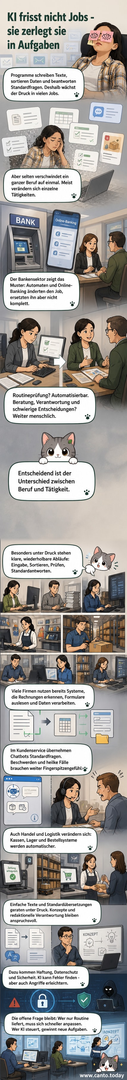 Eine Illustration zeigt eine Büroarbeitssituation, in der ein Mensch neben einem KI-Avatar sitzt. Auf einem Bildschirm sind Datenflüsse und Automatisierungssymbole zu sehen, während klassische Tätigkeiten wie Dateneingabe und Kundenservice durch Pfeile ersetzt werden.