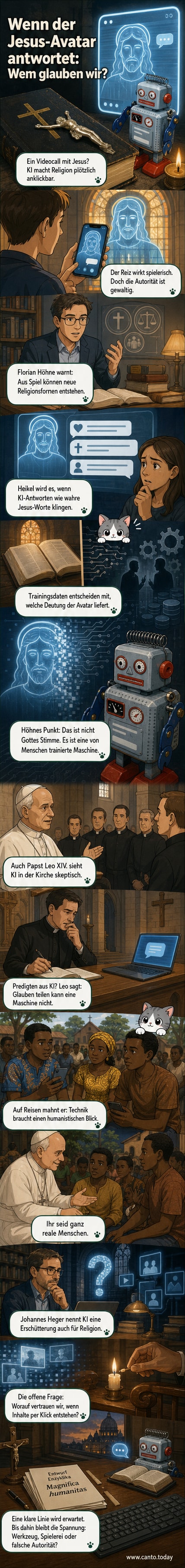 Ein digitaler Jesus-Avatar auf einem Smartphone-Bildschirm, daneben ein Priester, der nachdenklich das Kreuz berührt.