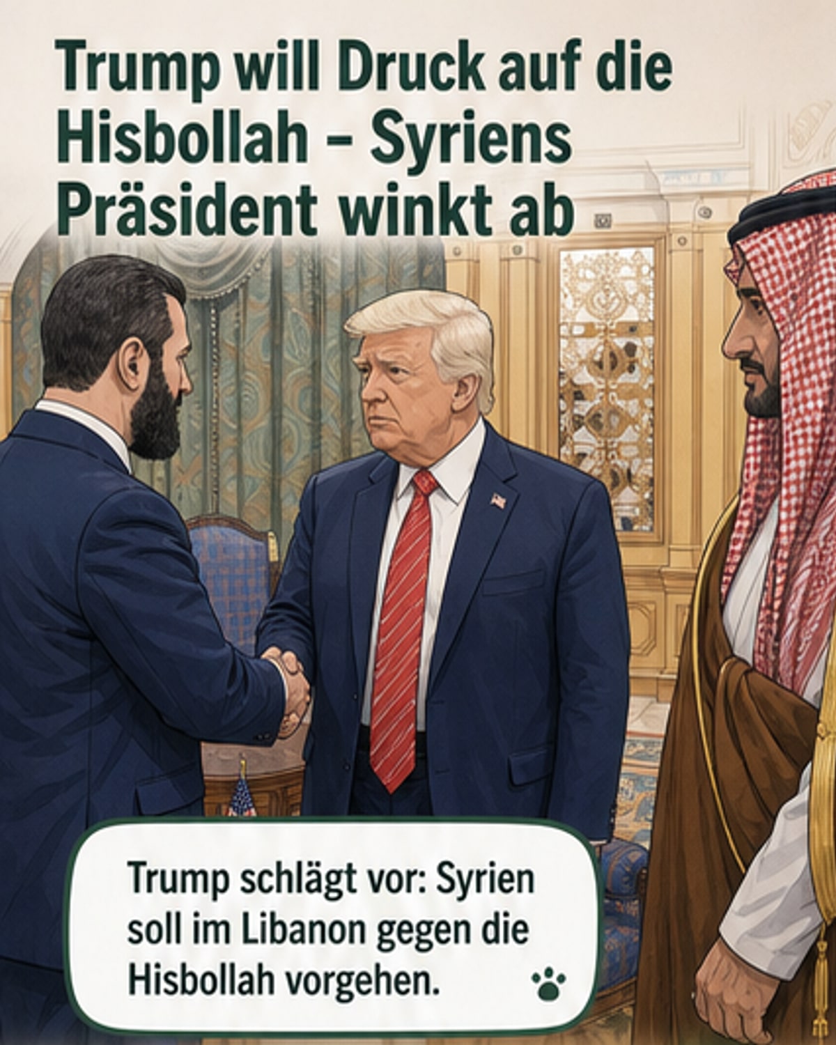Illustration eines syrischen und eines libanesischen Politikers, die sich über eine Tabelle mit Wirtschaftsdaten beugen, während im Hintergrund ein Konflikt zwischen Israel und der Hisbollah symbolisch dargestellt ist.