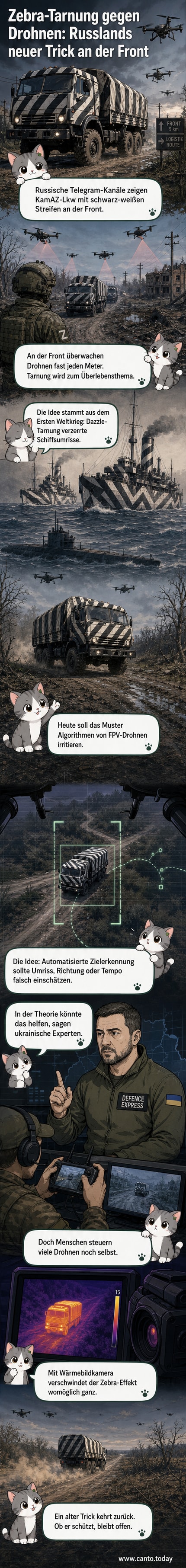 Ein russischer Lkw mit schwarz-weißen Zebra-Streifen auf einem Feld, um Drohnen zu täuschen.