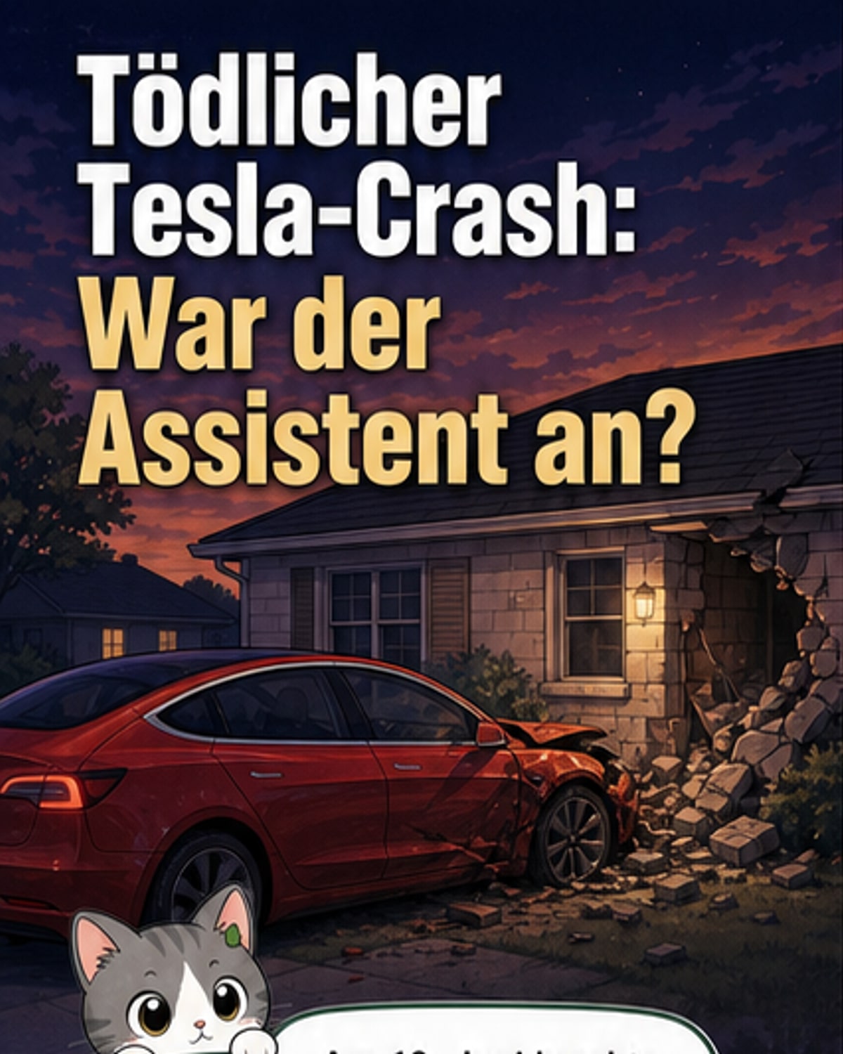 Ein dunkler Tesla fährt vor einem weißen Haus, davor liegt eine Person. Im Hintergrund blinken Polizeilichter. Oben rechts ist das Logo von Tesla abgebildet.