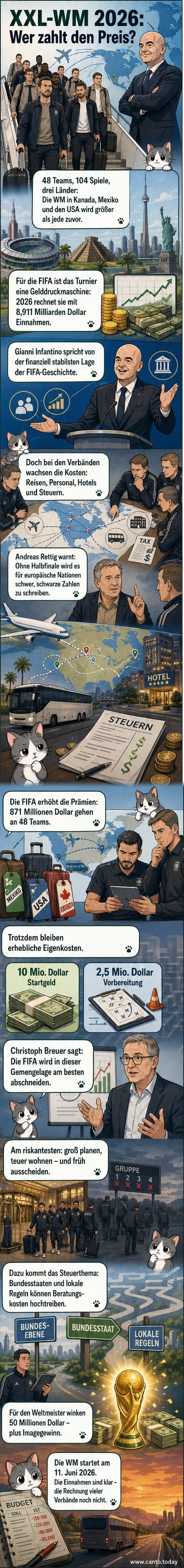 Ein Fußballstadion in den USA mit riesiger Leinwand, auf der die WM 2026 angekündigt wird. Im Hintergrund Zahlenblöcke mit Dollarbeträgen und Weltkarten, die die drei Gastgeberländer verbinden.