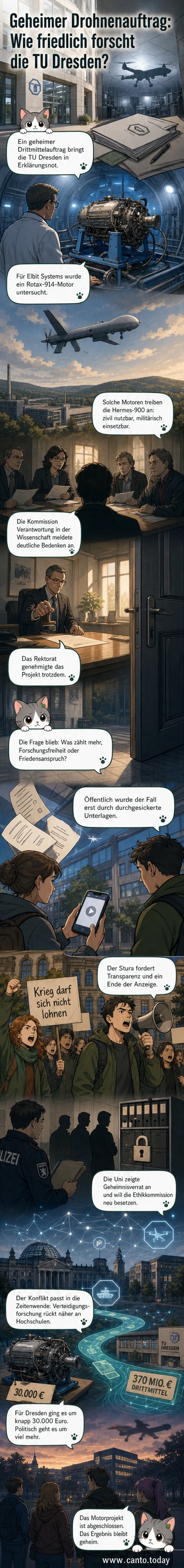 Illustration einer Drohne über einem Hochschulcampus, im Hintergrund eine Diskussion zwischen Studierenden und Wissenschaftlern über Ethik und Rüstungsforschung.