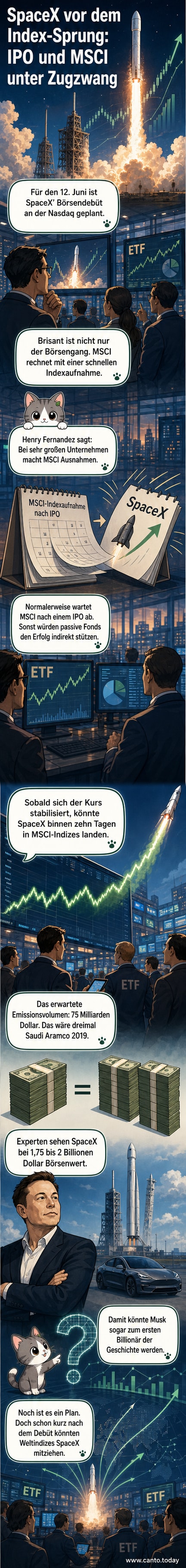 Illustration eines Raketenstarts mit Börsenkurs-Diagramm im Hintergrund, symbolisierend Spacex' bevorstehenden Börsengang und schnelle Aufnahme in den MSCI-Index.