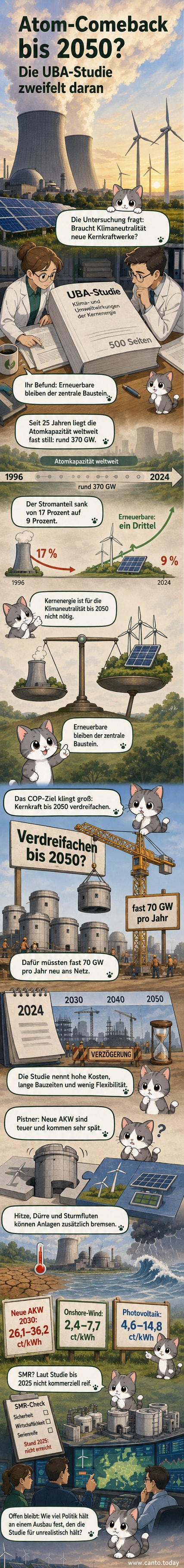 Illustration eines Atomkraftwerks mit sinkendem Pfeil und daneben Windräder und Solarpaneele mit steigenden Pfeilen, im Hintergrund globale Erwärmungssignale wie Hitzewellen und Überschwemmungen.