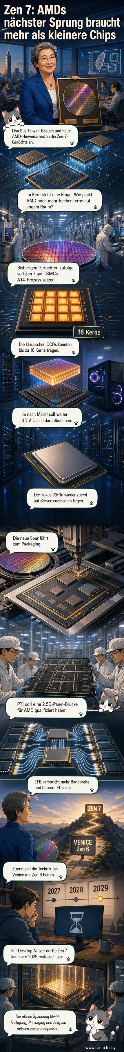 Illustration eines AMD Zen 7 Prozessor-Chips mit 16 Kernen und 3D V-Cache, umgeben von grafischen Darstellungen der neuen EFB-Verbindungstechnologie und des Panel-Level-Packaging.