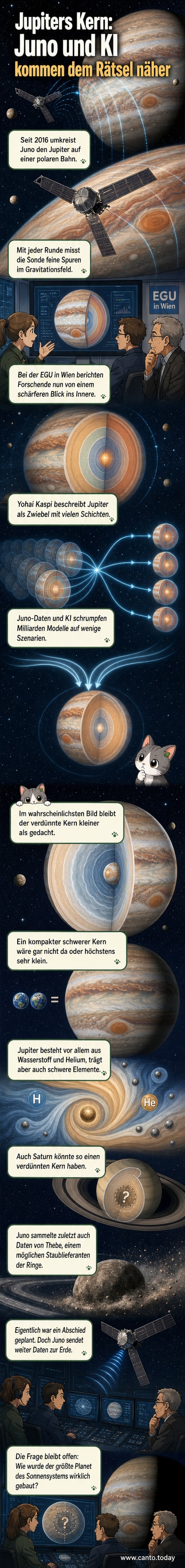 Illustration eines geschnittenen Jupiters mit diffusen Schichten im Inneren, umgeben von Wolkenbändern und einem schwachen Ring; die Sonde Juno umkreist in der Nähe.