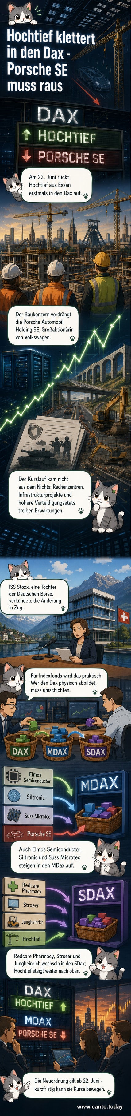 Grafik: Hochtief steigt in den Dax auf, während Porsche SE in den MDax absteigt – Visualisierung der Indexwechsel mit Firmenlogos und Pfeilen.