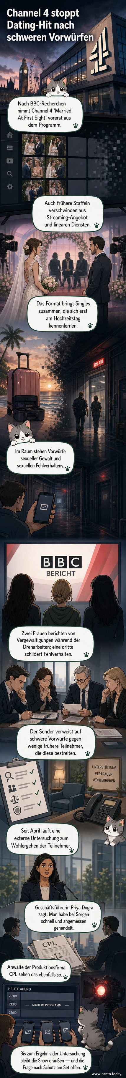 Ein Paar steht unsicher voreinander, während ein Hochzeitsbogen im Hintergrund steht. Ein roter Warnhinweis überlagert das Bild.