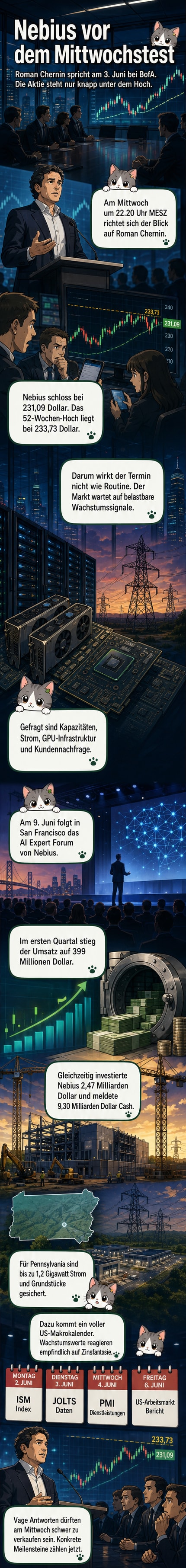 Nebius-Logo vor einem steigenden Aktienkursdiagramm und einem Hintergrund aus KI- und Rechenzentrumsvisualisierungen