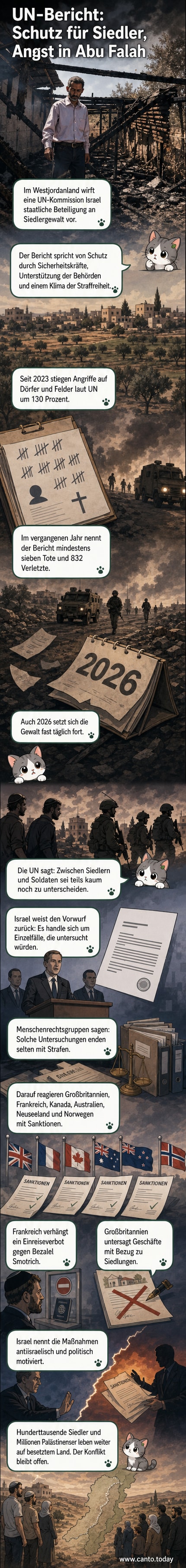 Illustration eines UN-Berichts, der auf einem Tisch liegt, während im Hintergrund israelische Siedler und palästinensische Bauern in Konflikt geraten – Soldaten im Hintergrund schauen zu.