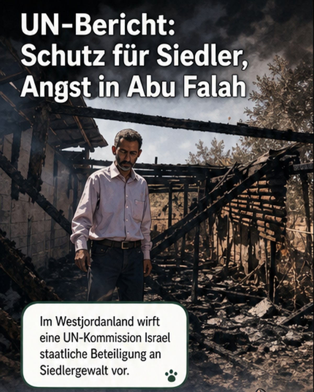 Illustration eines UN-Berichts, der auf einem Tisch liegt, während im Hintergrund israelische Siedler und palästinensische Bauern in Konflikt geraten – Soldaten im Hintergrund schauen zu.