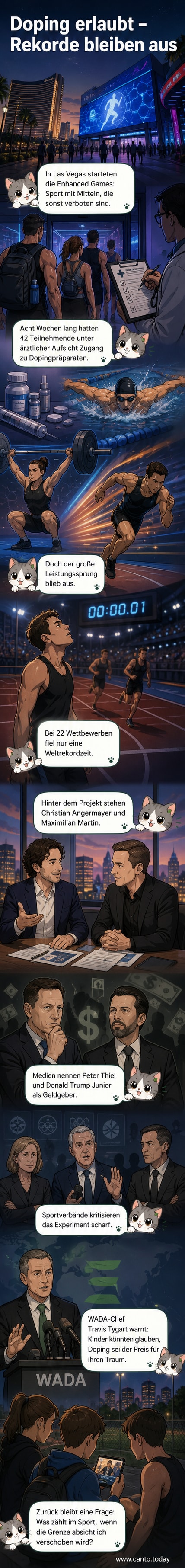 Menschen in Badekappen schwimmen in einer Schwimmhalle mit Zuschauertribünen. Im Hintergrund ist ein Schild mit dem Schriftzug 'Enhanced Games' zu sehen.