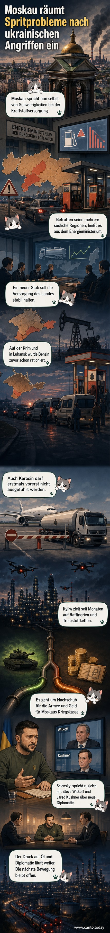 Illustration einer russischen Öltankstelle mit Warnschildern und Drohnen am Himmel, symbolisierend Kraftstoffknappheit durch Angriffe