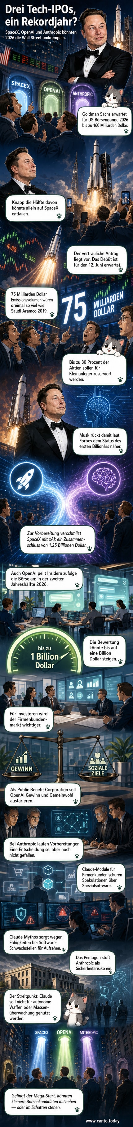 Illustration von drei aufsteigenden Raketen mit Firmenlogos: SpaceX, OpenAI und Anthropic, über einer Börse mit steigenden Kurven.