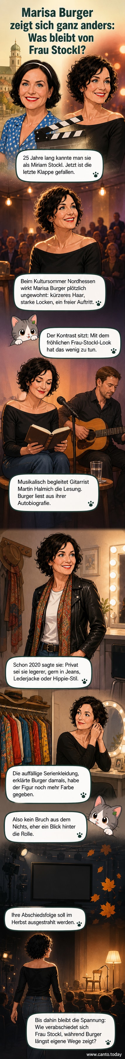 Marisa Burger mit kurzen, lockigen Haaren und schulterfreiem Oberteil bei einer Lesung, im Hintergrund ein Gitarrist.