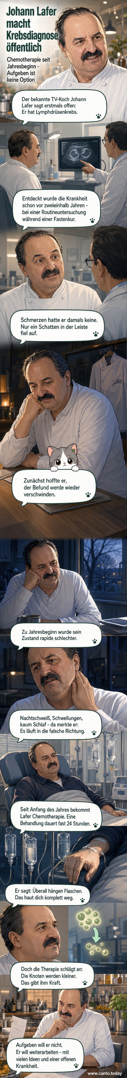 Johann Lafer im Gespräch, im Hintergrund medizinische Symbole und Kochutensilien, die seine beiden Lebensbereiche symbolisieren.