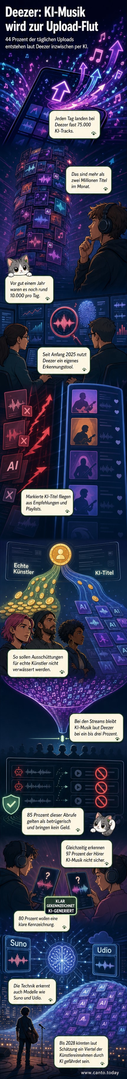 Ein Smartphone zeigt die Deezer-App, im Hintergrund fließen Noten aus einem KI-generierten Musikstrom.