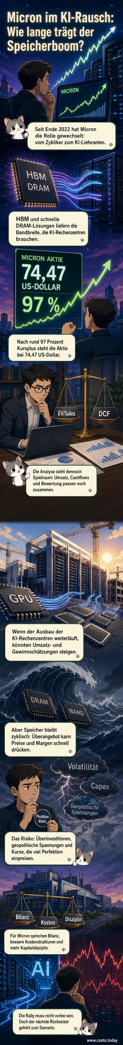 Illustration eines modernen Rechenzentrums mit beleuchteten Servern, vor denen ein Micron-Chip im Vordergrund schwebt. Darüber ein steigender Aktienkursgraph.