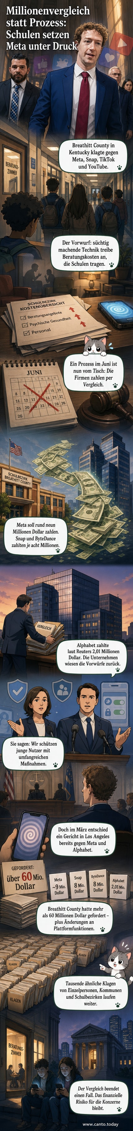 Illustration eines Smartphones mit sozialen Medien-Symbolen, umgeben von Jugendlichen, die nachts scrollen – im Hintergrund ein Schulgebäude mit Sprechblasen, die psychische Belastung andeuten.