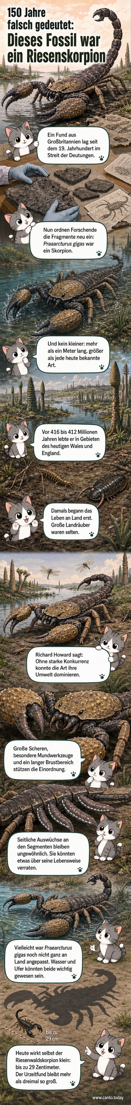 Rekonstruktion eines über einen Meter langen urzeitlichen Skorpions mit großen Scheren und seitlichen Körperauswüchsen, im Flussdelta von Wales vor 415 Millionen Jahren.