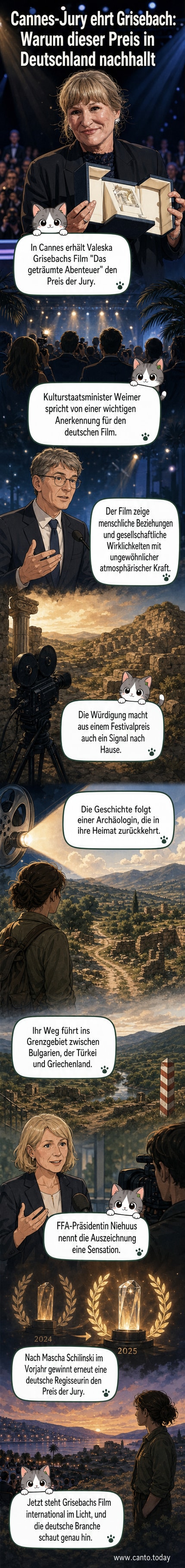 Regisseurin Valeska Grisebach steht auf der Bühne in Cannes, während ihr der Preis der Jury überreicht wird. Im Hintergrund ist ein Filmplakat mit dem Titel „Das geträumte Abenteuer“ zu sehen.