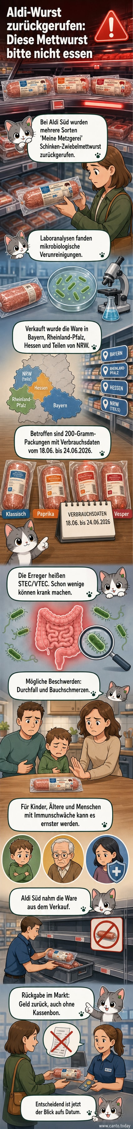 Eine Packung Zwiebelmettwurst mit Warnhinweis, daneben das Logo von Aldi Süd und ein mikroskopischer Blick auf Bakterien.