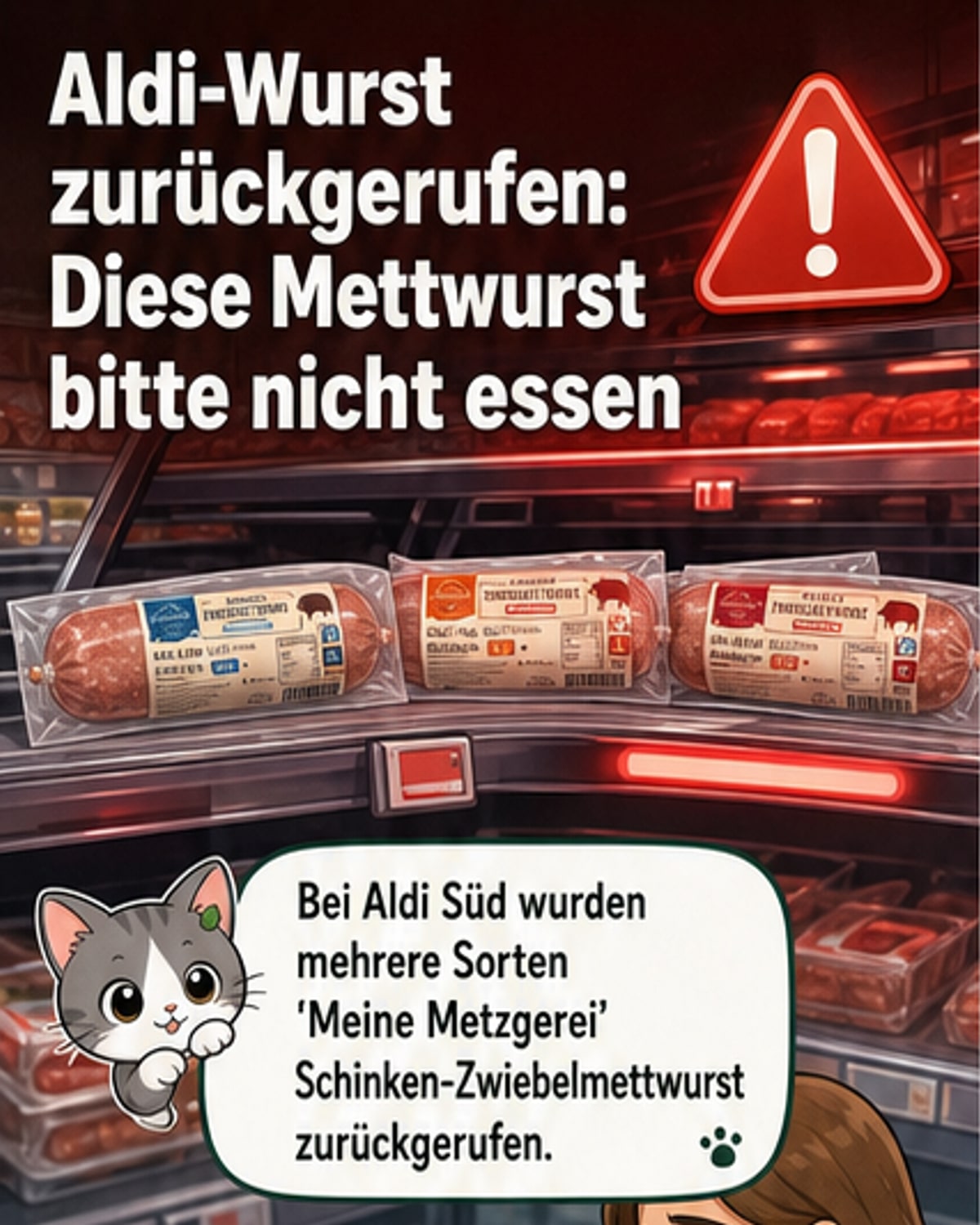 Eine Packung Zwiebelmettwurst mit Warnhinweis, daneben das Logo von Aldi Süd und ein mikroskopischer Blick auf Bakterien.