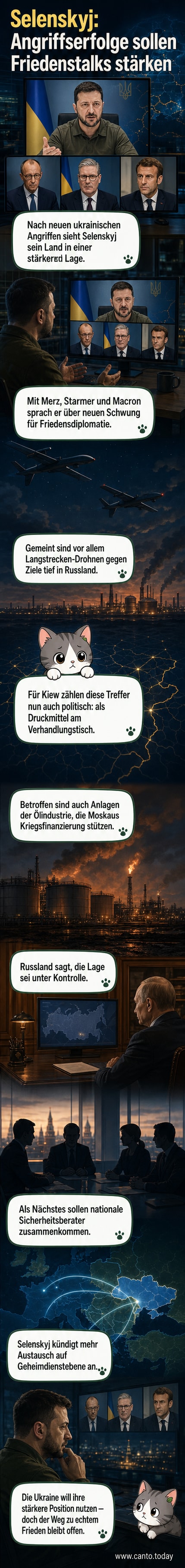 Illustration von Präsident Selenskyj vor einer Karte mit Drohnenangriffen auf russische Ölanlagen, im Hintergrund verbündete Führungsfiguren per Videobildschirm.