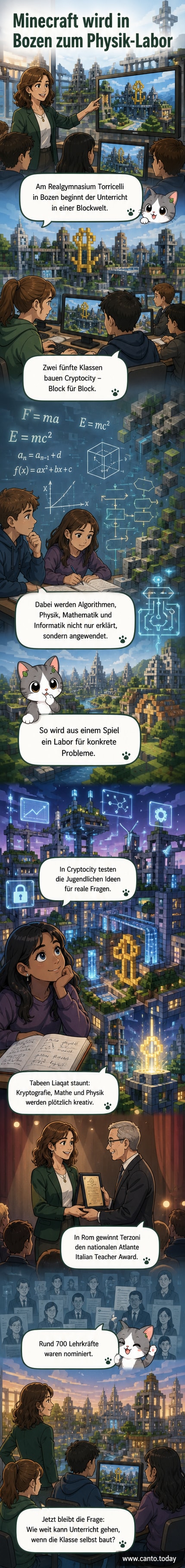 Eine digitale Collage zeigt Schüler, die an Computern Minecraft spielen, daneben ein Lehrer-Icon und Symbole für Mathematik, Physik und Informatik.
