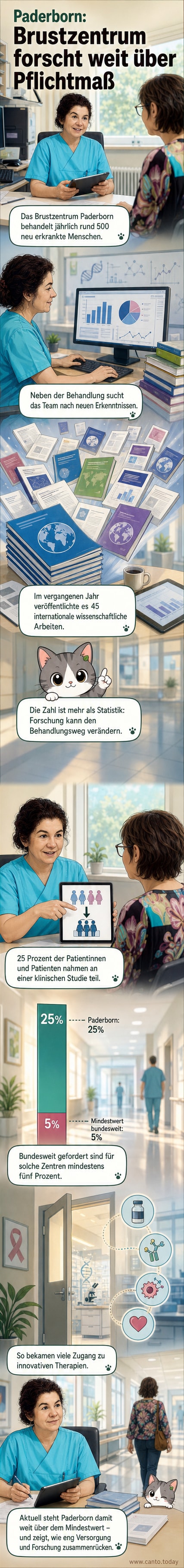 Illustration eines modernen Krankenhauses mit Forschungslabor im Hintergrund, dargestellt in klaren Linien und medizinischen Symbolen wie einer DNA-Helix und einem Mikroskop.