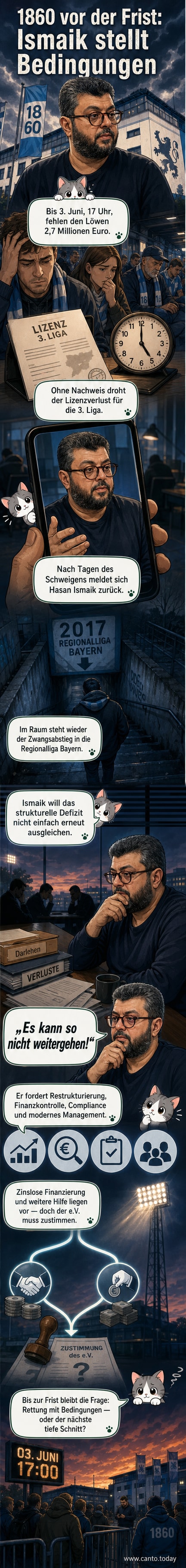 Ein trauriger Löwe steht vor einem leeren Stadion, im Hintergrund flackert die Aufschrift '2,7 Mio. bis zum 3. Juni'.