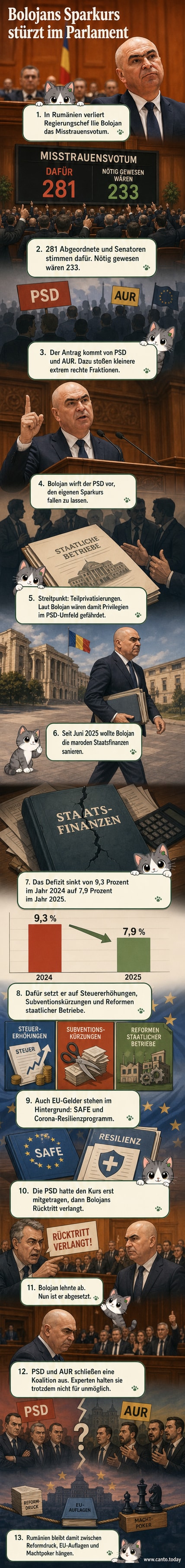 Illustration eines Parlamentsgebäudes in Rumänien mit einem sichtbaren Schild 'Misstrauensvotum', während Ministerpräsident Bolojan die Hände hebt, um eine Rede zu halten.