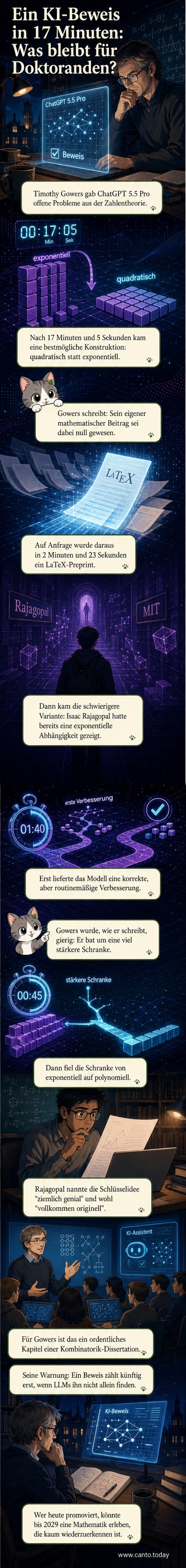 Ein stylisierter Blick in eine mathematische Formelwelt, wo ein KI-Avatar vor einer Tafel mit komplexen Gleichungen steht und einen Durchbruch visualisiert.