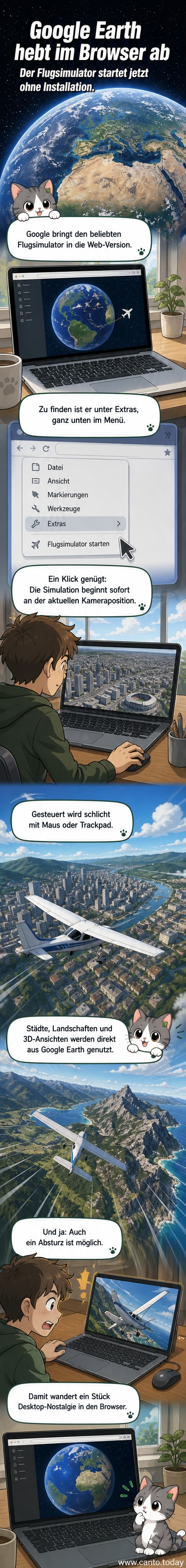 Ein Screenshot der Google Earth Weboberfläche mit aktiviertem Flugsimulator, der über eine Stadt fliegt.