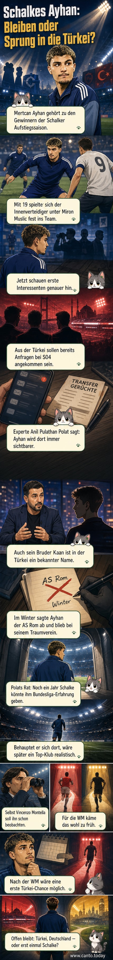 Junge Fußballerin Mertcan Ayhan im Schalke-Trikot steht auf dem Rasen, im Hintergrund Zuschauer und Stadionarchitektur.