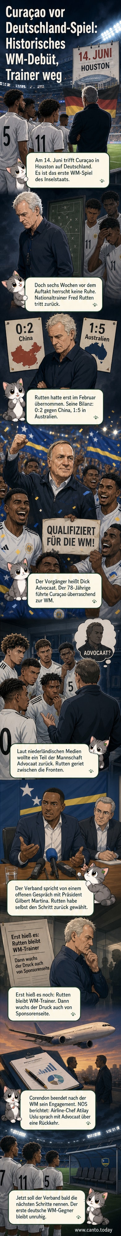 Fußballtrainer Fred Rutten tritt von der Seitenlinie zurück, während Spieler im Hintergrund diskutieren – symbolische Darstellung der Krise im WM-Debütanten Curaçao.
